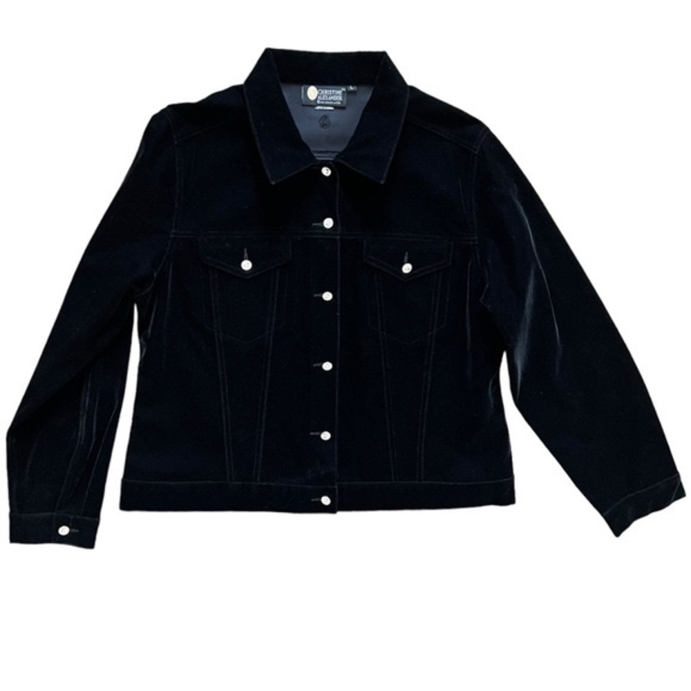Christine Alexander Black Velvet Jacket Rhinestones Button Front Women's size L